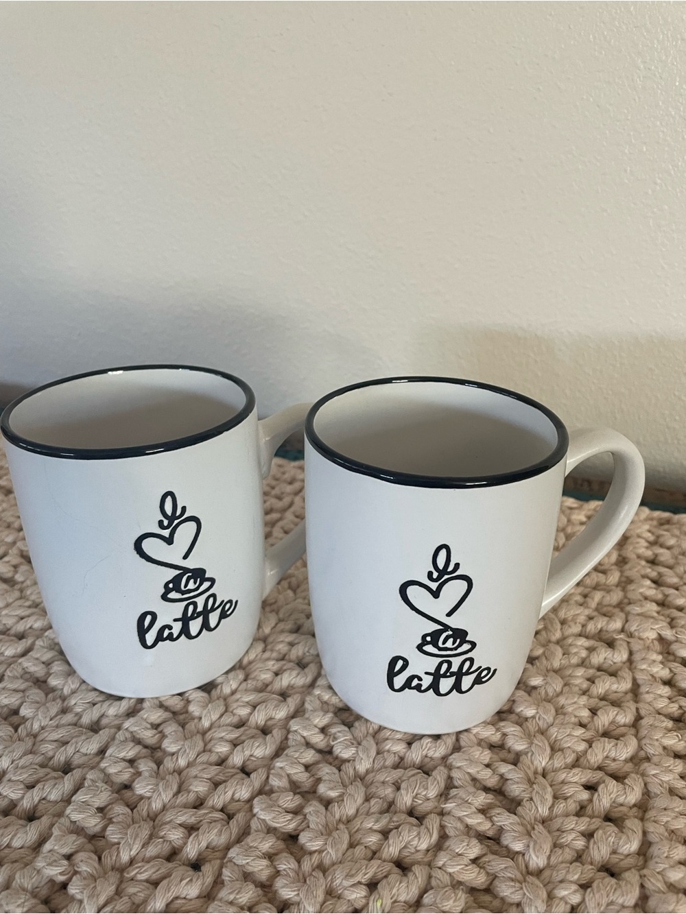 White 'Latte' Ceramic Coffee Mug with Black Trim - Set of 2